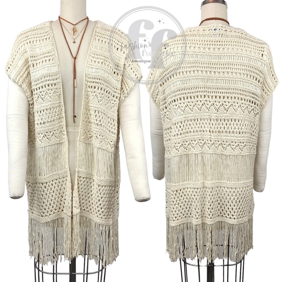 Crochet Knit Fringe Open Front Kimono Cardigan Sweater Shawl Duster Vest Topper - Picture 10 of 11
